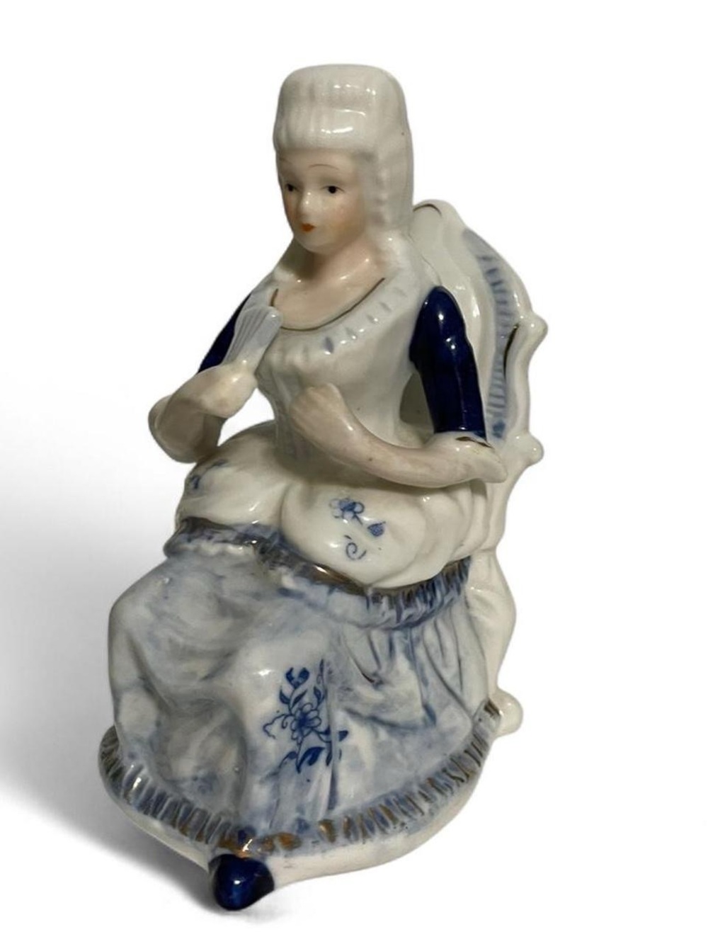 Vintage French Colonial Lady Figurine Blue White Gold Porcelain Ornate Cottage
